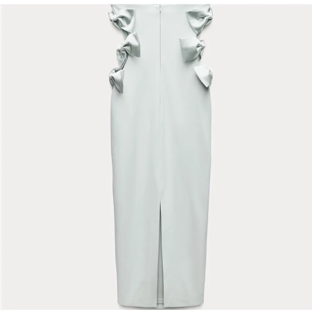 Bloggers Fave Zara Bow Dress, Size S Light Blue Green Sage - Picture 5 of 11